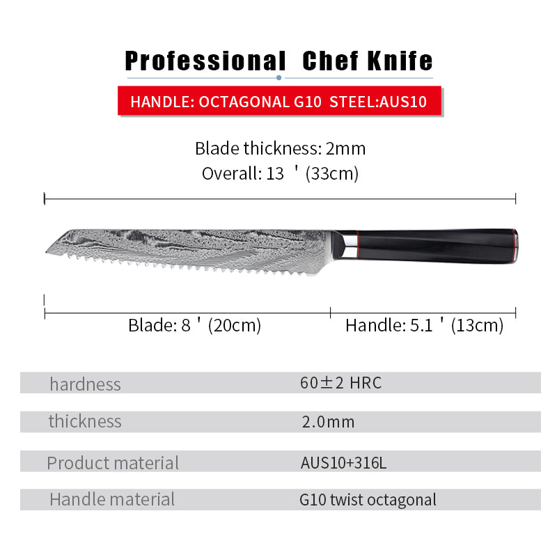 Japanese Damascus Steel Kitchen Bread Knife